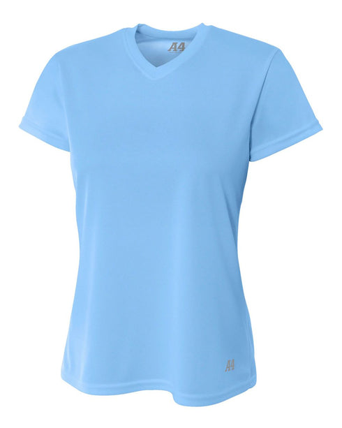 A4 Women's Short Sleeve V-Neck Birds Eye Mesh Tee (NW3254), Color 'Light Blue'
